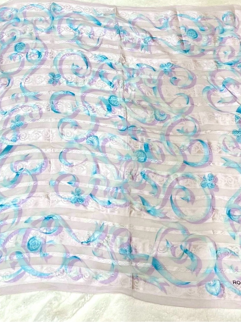 ROCHAS Paris Silk Square Vintage Scarf in Lavender & Aqua Swirls on White 34x34